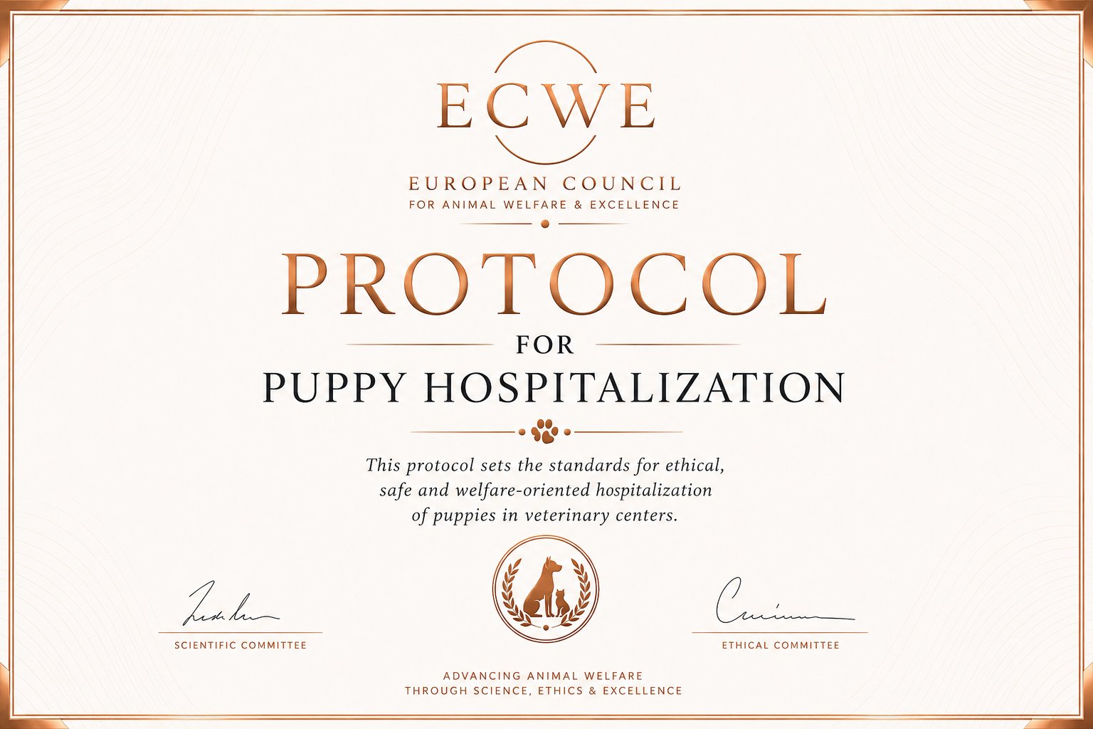 ECWE certificate: Protocol for Puppy Hospitalization, issued by the Scientific and Ethical Committees